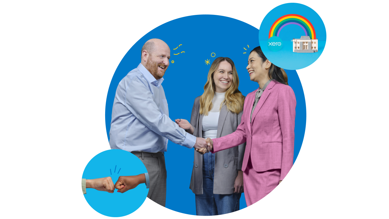 3 people talking, smiling and shaking hands with small circle showing a fist bump and a rainbow between a building and Xero